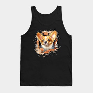 Cute Watercolor Puppy Dog Looking Through Hole in Wall Dog Lover. Tank Top